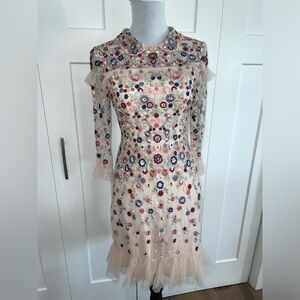 Needle & Thread Embroidered Floral Nude Tulle Mini Posy Dress Size 4 US